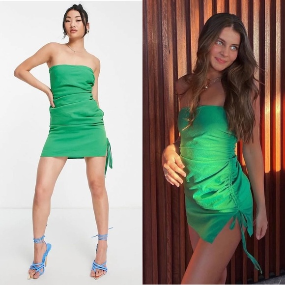 SNDYS X MOLLY KING Green Strapless Ruched Tie Side‎ Slit Sleeveless Mini Dress 6 - Picture 4 of 16